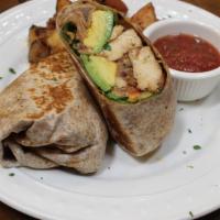 Vegan Burrito · Delicious Lemon Cilantro Tofu, Organic onions, Organic tri-color bell peppers, Organic mushr...