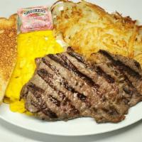 7Oz Steak & Eggs · 7 oz Steak, Three Eggs, Hash brown and two Slices of Toast + Smuckers Jelly.
