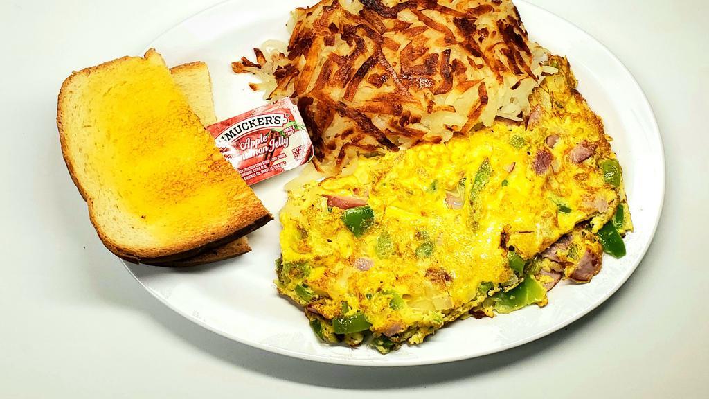 Denver Omelette · Served with three eggs, ham, bell peppers, onions, hash browns, two slices of toast.