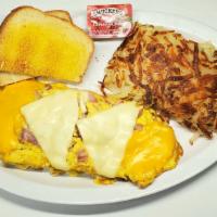 Ham & Cheese Omelette · Three eggs, ham, cheese, hash browns, two slices of toast.