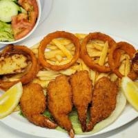 Jumbo Shrimp Dinner Plate · Four jumbo shrimp, fries & few onion rings or rice & beans, salad, one dinner roll.