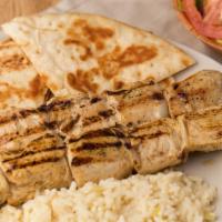 Chicken Kabob Plate · Includes 2 chicken skewers, greek salad, rice, and pita.