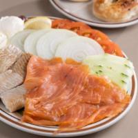 Combination Fish Plate · Choice of two: Lox, Whitefish or Baked Salmon. Substitute Cod or Sturgeon add $5.00. Served ...