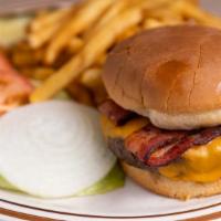 Bacon Cheddar Burger · Ground beef patty, bacon and cheddar cheese, served with lettuce, tomato and onion.