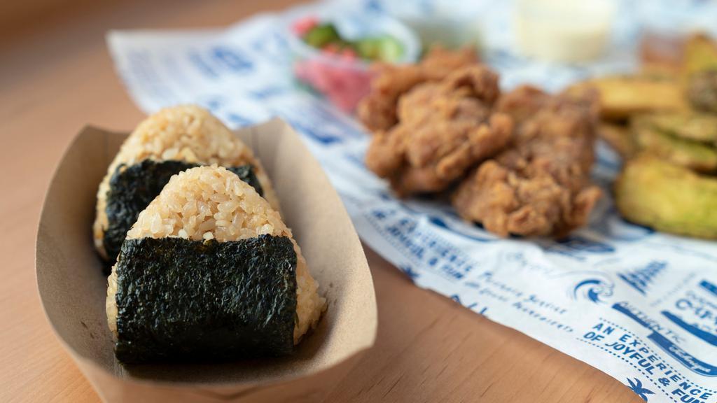 Ginger Onigiri · Seasoned steam rice ball, soy sauce, ginger, and garlic.