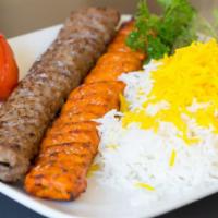Beef & Chicken Koobideh · Served with basmati saffron rice and charbroiled tomato.