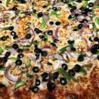 Vegetarian Pizza  · Red onions, mushroom, green peppers, block olives.