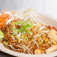 Pad Thai · Rice noodles, tofu, Chinese chives, tamarind sauce, bean sprouts and egg. Served with crushe...