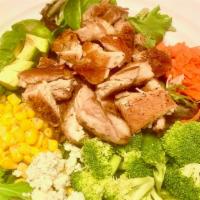 Chicken Salad · 8oz Dark Meat Chicken, SpringMix Salad, Avocado1/2, carrot, Broccoli, Corn, Blue Cheese,  Ao...