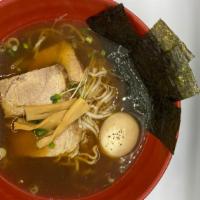 Tokyo Shoyu Ramen · Original noodle, soy & chicken broth soup, pork chashu, bean sprout, green onion, dry seawee...