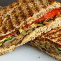 Roasted Vegetables Panini · Roasted vegetables featuring: bell peppers, mushrooms with capers and olives spread & jalape...