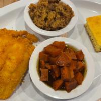 J'S Creole Catfish Combo · Fried catfish with our creole spice blend. Includes a choice of two sides with cornbread.