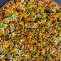 Bbq Chicken Pizza · BBQ sauce, mozzarella, red onions, bell peppers, cilantro, and chicken.