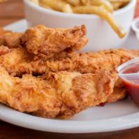 Chicken Strips & Fries · Chicken breast dipped in buttermilk, breaded and fried. Served with ranch dressing & barbecu...