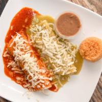 Cheese Enchiladas Combo · Three red or green cheese enchiladas, topped with mozzarella served with a side of rice and ...