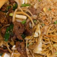 Mongolian Beef Combo · Comes with vegetable Fried Rice, vegetable Chow Mein, and an egg roll!