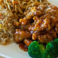 Sesame Chicken Combo · Comes with vegetable Fried Rice, vegetable Chow Mein, and an egg roll!