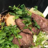 House Beef Ramen 牛骨ラーメン · Beef bone herb broth, stewed beef, bean sprouts, bok choy, scallions, cilantro, soft boiled ...