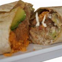 Supper Burrito · Comes with sour creme, beans, rice, cheese, salsa, jalapenos 
Viene con crema, frijol, arroz...