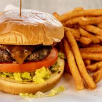 Fresco Burger · 1/3 Pound Angus patty, cheddar, tomatoes, pickles, lettuce, red onions, secret sauce, focacc...
