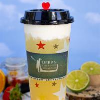Lychee Macchiato · Fresh lychee green tea base topping with cheese foam and boba.