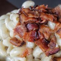 Mac 'N' Cheese · Smoked garlic emulsion, asiago, bacon crumbles.