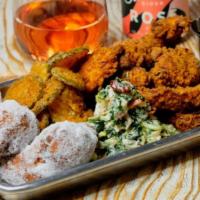 Fried Chicken & Doughnuts · chicken fritters, churro donuts, spicy buttermilk pickles, habanero maple syrup