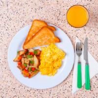 Two Egg Platter · Two scrambled eggs with two slices of buttered toast and breakfast potatoes.