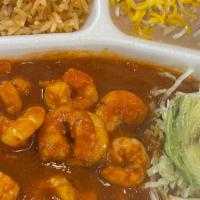 Combo #10 · Spicy shrimp (A la diabla).

W/ Rice,  Beans , Lettuce, Sour Cream ,Guacamole , Pico de Gallo