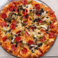 D'Z Special · 6 toppings: olives, onions, pepperoni, green peppers, sausages and mushrooms (anchovies upon...
