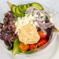 Mediterranean Salad · Green Leaf Lettuce Mix, Feta Cheese, Kalamata Olives, Tomatoes, Red Onions, Cucumbers - Oliv...