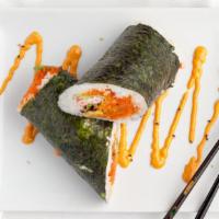 Samuritto · Spicy Salmon, Shrimp Tempura, Krab, Avocado, Mixed Greens, Sushi Rice, Seaweed Wrap with Dip...
