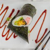 Spideritto · Softshell Crab, Krab Meat, Mixed Greens, Avocado, Cucumber, Sushi Rice, Seaweed Wrap with Di...