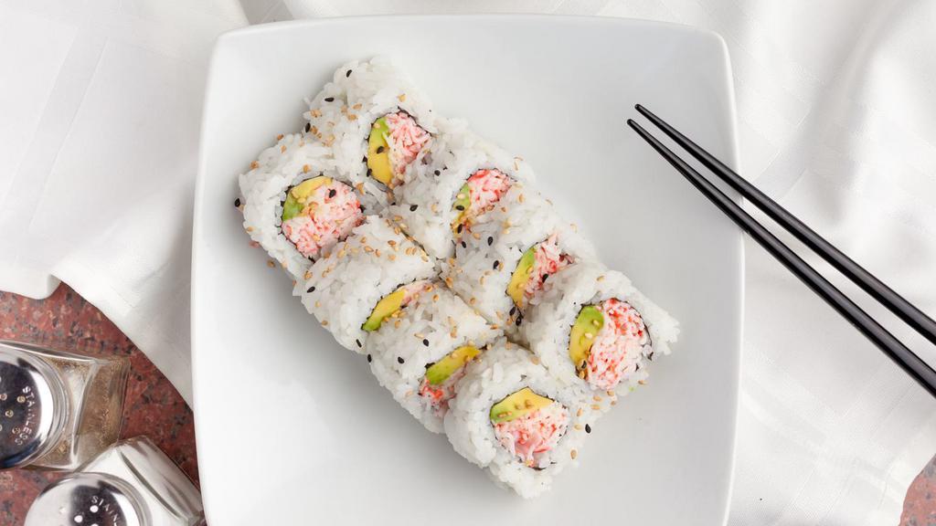 California Roll (8 Pieces) · Krab, Avocado, Seaweed Wrap with Sushi Rice, topped with Sesame Seeds.