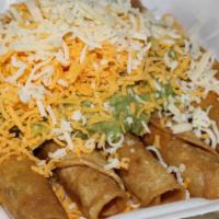 5 Rolled Taquitos With Guacamole · 5 Rolled Taquitos with Cheese and Guacamole (Shredded Chicken or Shredded Beef)