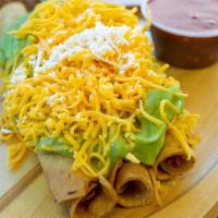 3 Rolled Tacos With Guacamole · 3 Rolled Taquitos with Cheese and Guacamole ( Shredded Chicken or Shredded Beef)