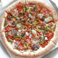 The Works Pizza · Pepperoni, ham, bell peppers, mushrooms, onion and olives.