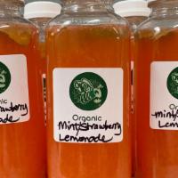 Strawberry Mint Lemonade · Fresh squeezed lemons and pureed strawberries, infused with mint, made with organic pure can...