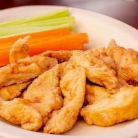 Chicken Tenders · 6 chicken tender strips, celery, carrot and dressing (Ranch or Blue cheese)