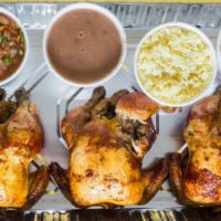Jumbo Meal · 3 whole chickens and includes 32oz of rice, beans, potato salad. includes tortillas, and sal...