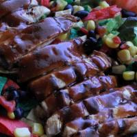 Bbq Chicken Salad · Sweet corn, black beans, fire roasted red peppers, red onions, tomatoes, and corn tortilla s...