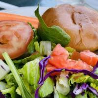 Vegetarian Garden Burger · A tasty non-meat option served with lettuce, tomato and pickles.