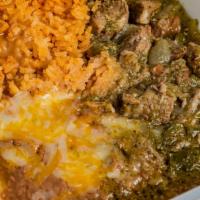Chile Verde Lunch · All plates are served with rice, beans, lettuce, and tomato.