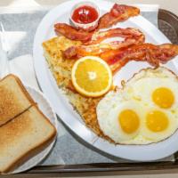 Bacon And Eggs Breakfast Plate · Served with 3 eggs any style, 4 bacon, hashbrowns, toast and jelly.