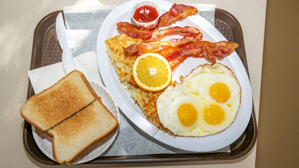 Bacon And Eggs Breakfast Plate · Served with 3 eggs any style, 4 bacon, hashbrowns, toast and jelly.