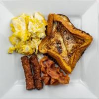 French Toast Special · 2 slices of Texas toast, 2 eggs any style, and 2 sausages or bacon pieces.