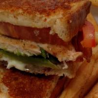 Chicken Club Sandwhich · Grilled chicken, bacon,swiss, avocado, mayo, tomato on parmesan sourdough bread.