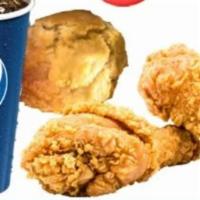 #4 Chicken Combo Meal
 · 2 Pcs Dark Meat Small Coleslaw or Mashed Potato 1 Biscuit.
Soda
1 can soda for Delivery
1 24...