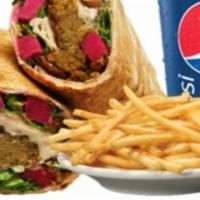 #2 Falafel  Sandwich · Falafel Sandwich 
 Combo (Drink and large fries)
Soda
1 can soda for Delivery
1 24oz Cup Sod...