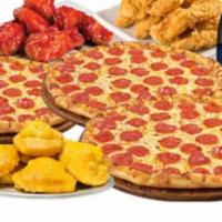 Family # 4 · 3 Large Pizzas with one Topping Each, 10 Cajun Tenders OR  20 Wings, Family Wedges, 6 Honey ...